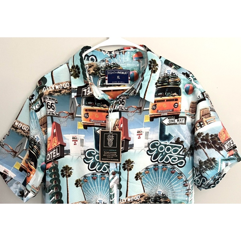 Eighth Avenue Shirt Mens XL Good Vibes California Print Short Sleeve Button Up - Picture 1 of 12